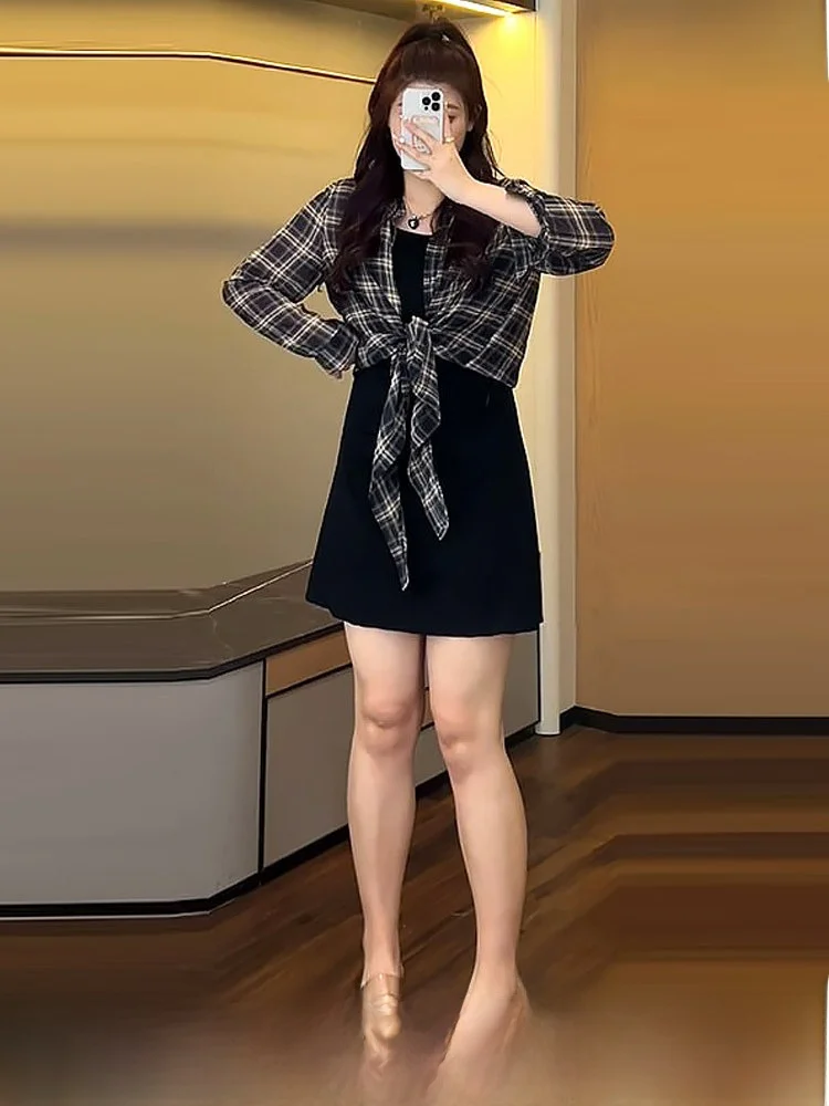 

Bla Plaid irt And Skirt Set plus Size Women's Summer Faion High Waist A-Line Dr Slim Fit Long Sve Collar