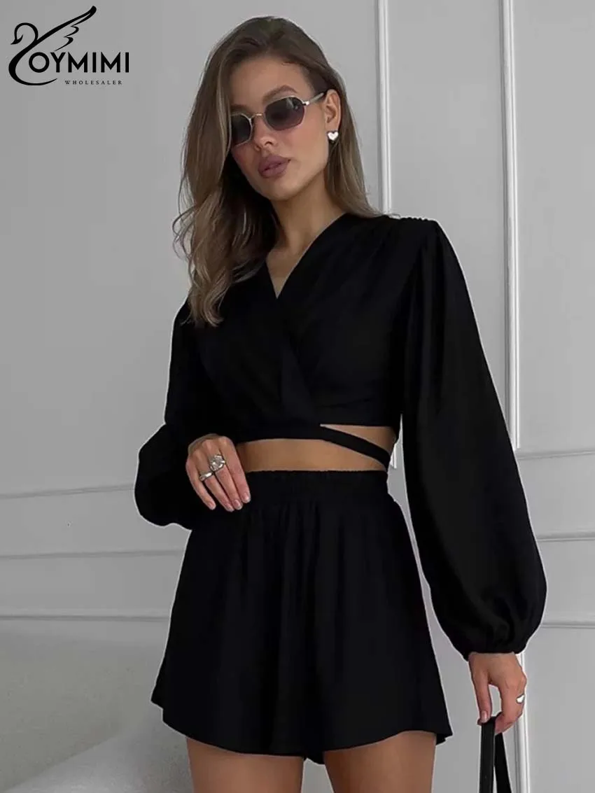 

Oymimi Casual Black Cotton Sets For Women 2 Pieces Elegant V-Neck Long Sleeve Lace-Up Crop Tops And Simple Shorts Female Sets