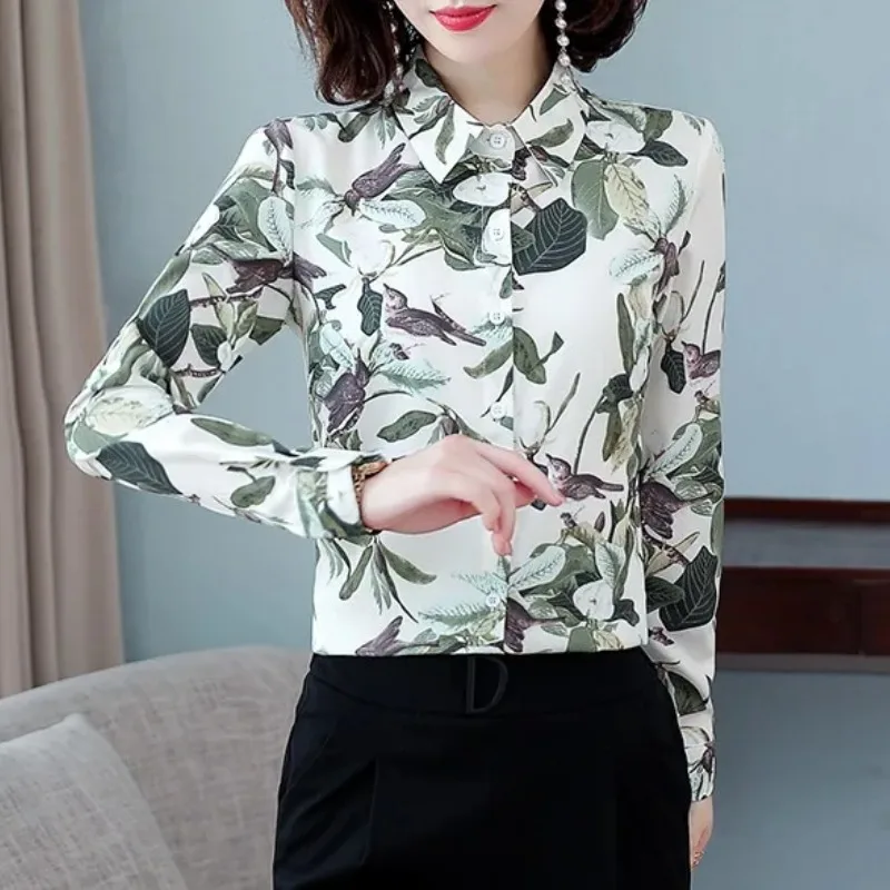 Spring Autumn Turn-down Collar Women\'s Floral Plant&Flowers Printed Button Long Sleeve Cardigan Shirt Casual Undershirt Tops