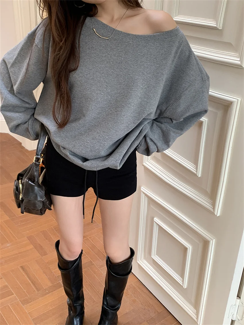 PLAMTEE New Minimalist Sweaters Women Chic Knitted 2025 Warm Skew Collar Pullovers Fashion Loose Warm Winter Casual Gentle Soft