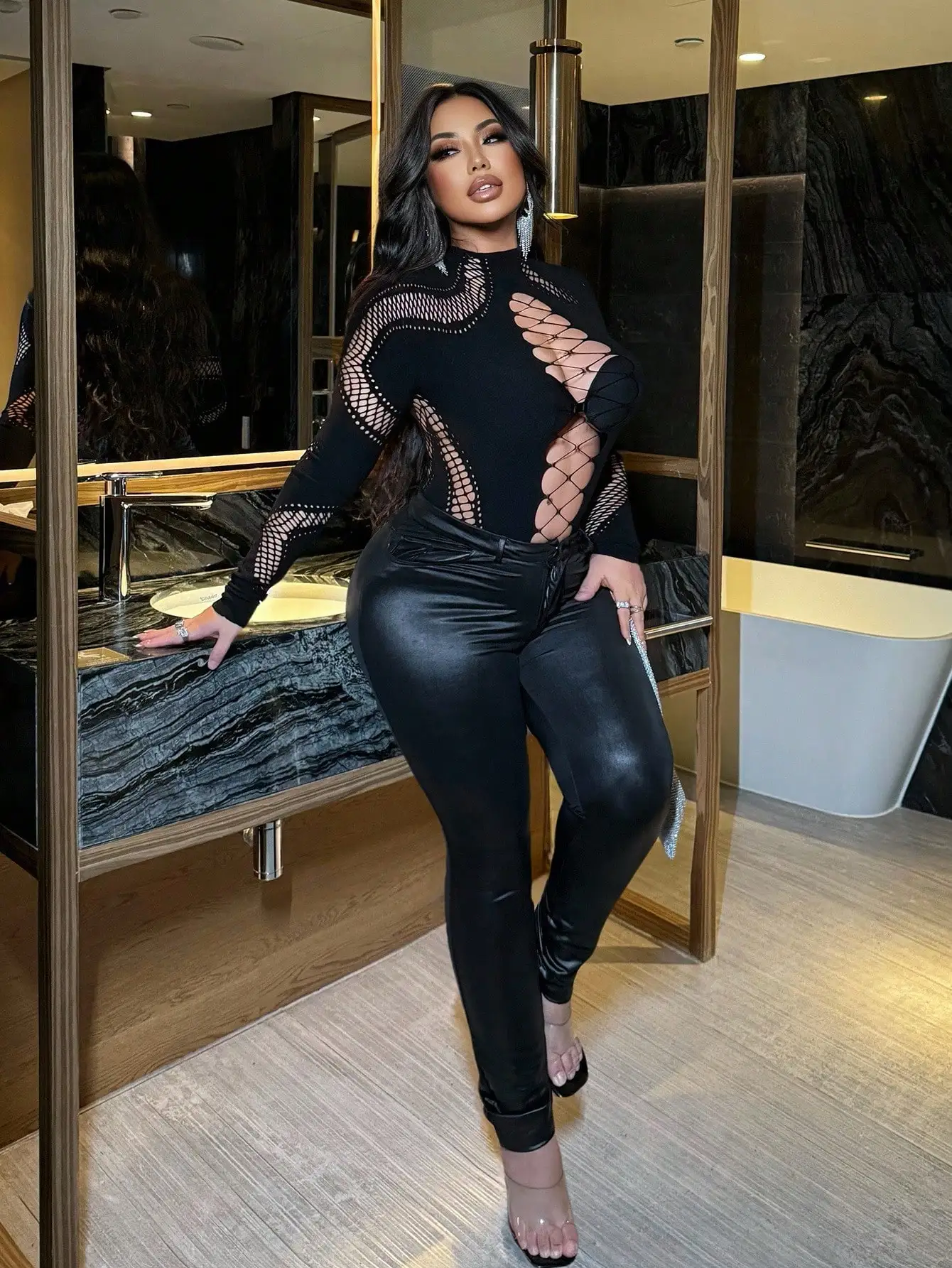 Sexy Damen-Body, einfarbig, langärmelig, Ninght Club Wear, aushöhlen, Netzstoff, durchsichtiger Overall