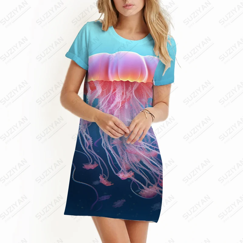 2023 neue Sommer Damen Kleid Meer Quallen 3d gedruckt Kleid Strand Urlaub Stil Kleid lässig All-Match-Kleid