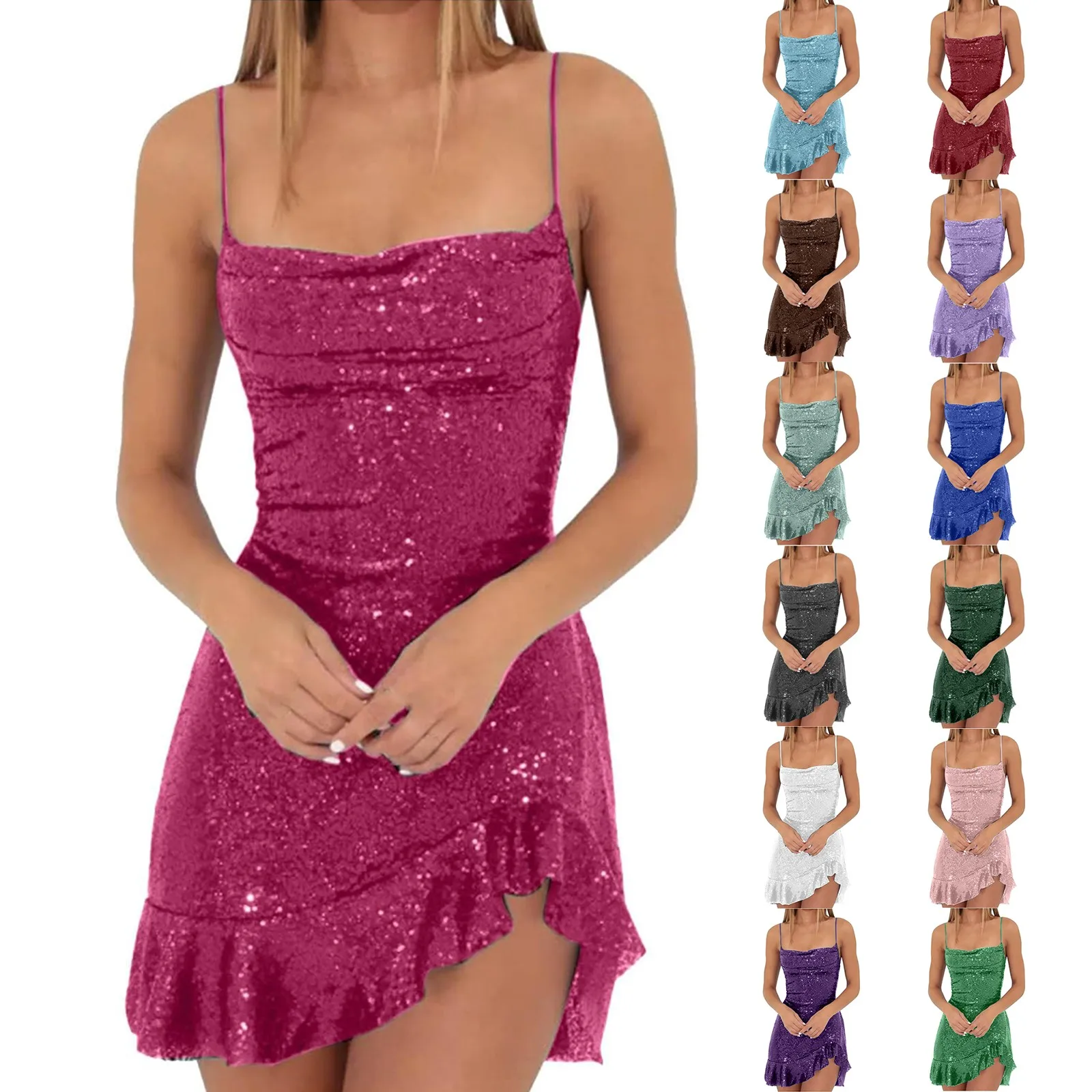 Sexy Slim Fitting Fashion Solid Color Sequin Back Cross Tie Ruffle Edge Sleeveless Suspender Irregular Hem Pleated Party Dress