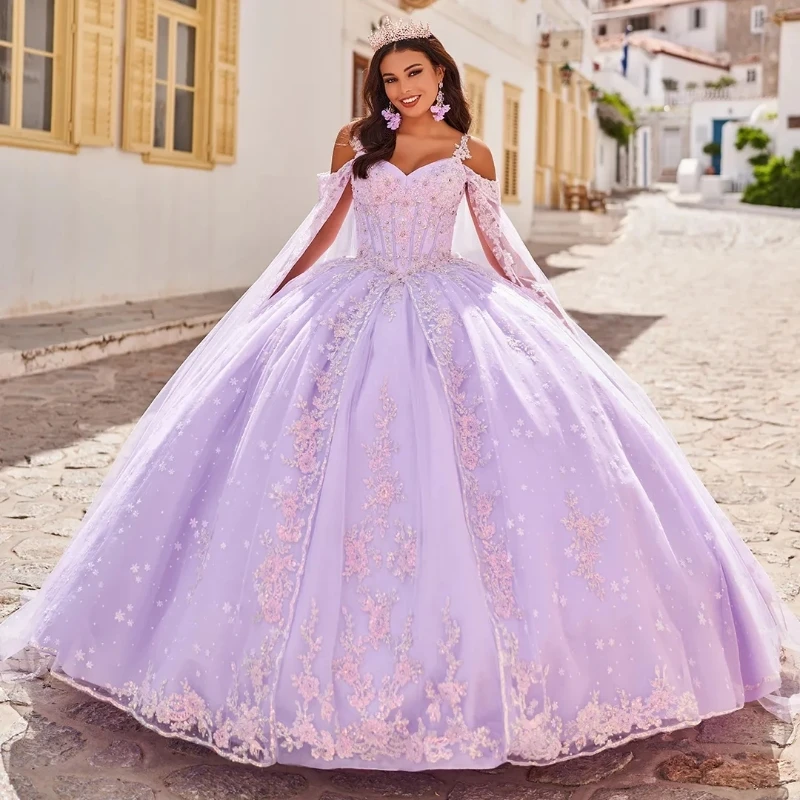 

Light Lavender Princess Quinceanera Dress Ball Gown Lace Applique Beading Tull Spaghetti Strap Corset Sweet 16 Vestido 15De Años