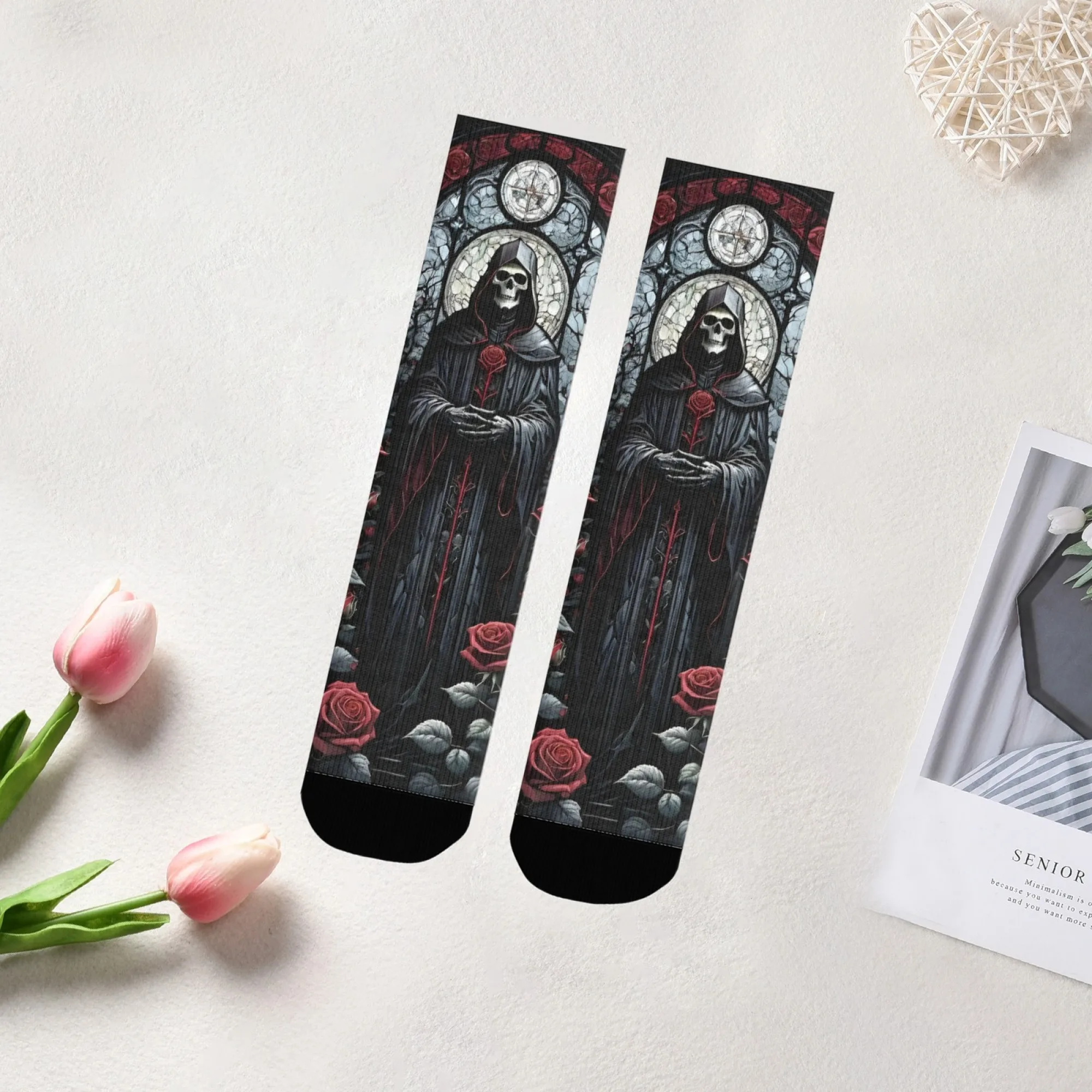 Gothic Stained Glass Grim Reaper Red Rose Men's Socks Soft Breathable Stretch Night Punk Bar Party Street Fashion Novelty Socks