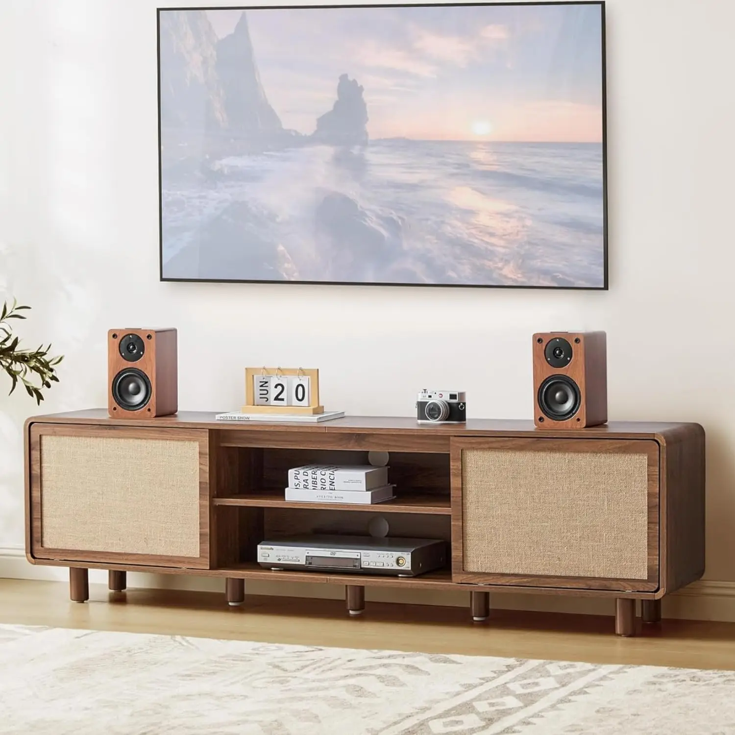 

Тумба под телевизор в стиле Mid-Century Modern 70 дюймов для телевизоров до 80 дюймов, развлекательный центр в стиле фермерского дома с отсеками для хранения и дверцами из натурального льна