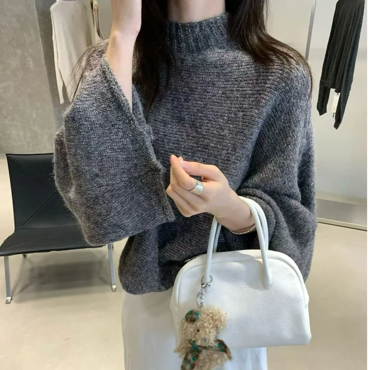 سترة نسائية محبوكة عالية Ne Long Sve Batwing Sve Lazy Sle قسط غرامة الصوف علوية الخريف الشتاء Faion