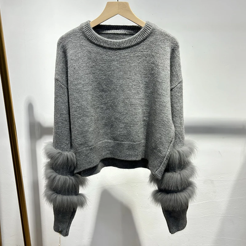 Women Autumn O-Neck Classic Fur Sweater Thick Grey Natural Fox Fur Girl Knitted Wear