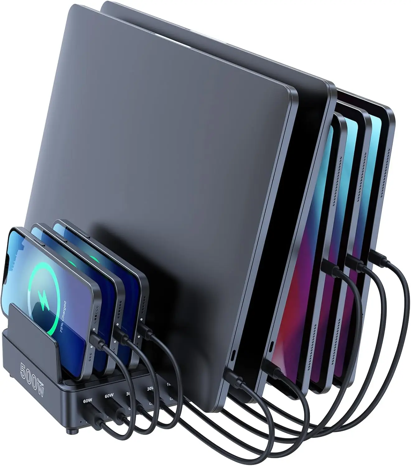 

500W 10-Port Fast Charging Station for MacBook, iPad, iPhone, Galaxy Devices with Organizer Stand
