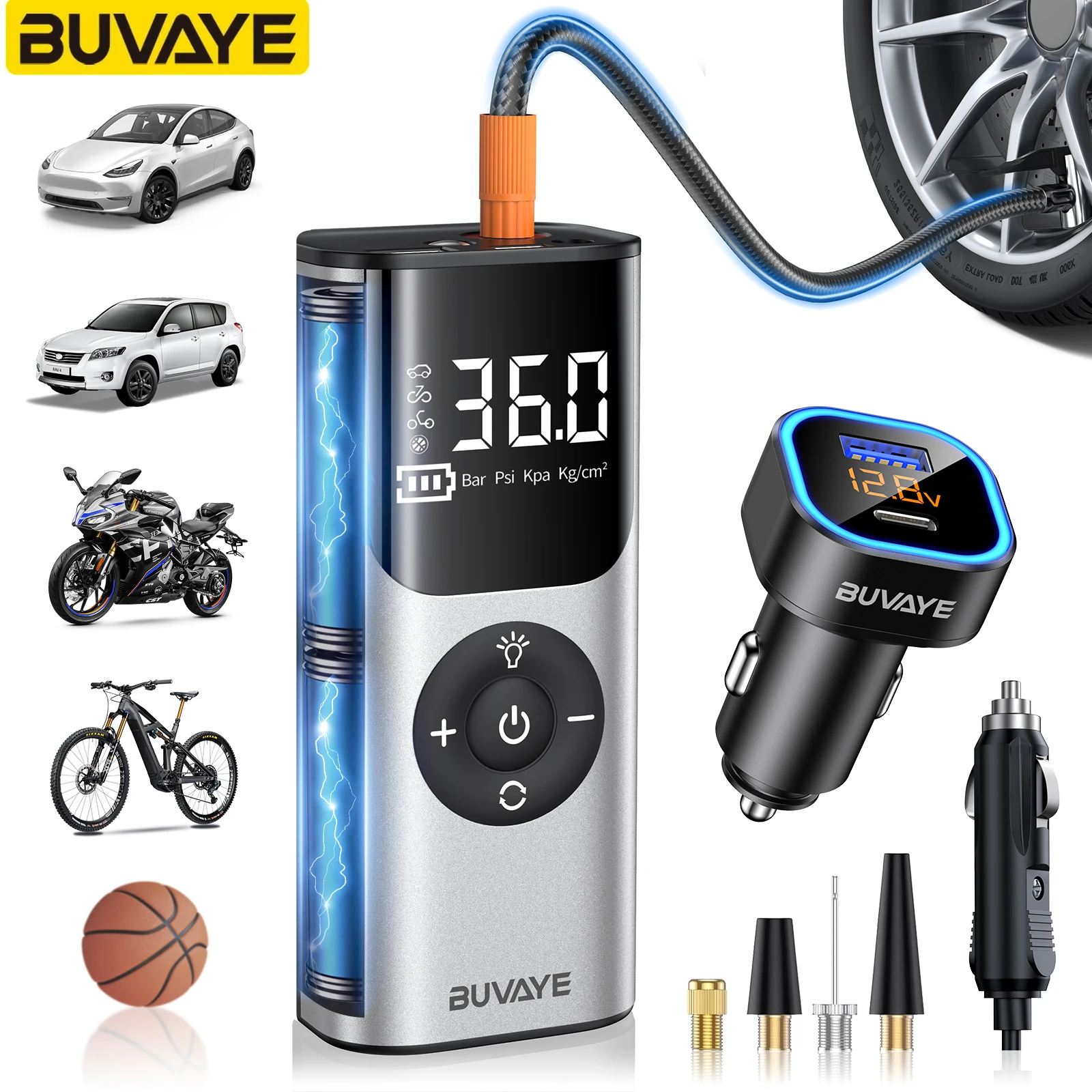 

BUVAYE Portable Car Inflator Tire Pump Wireless Car Air Compressor Motorcycle Bicycle Tire Inflator Digital Automatic Inflation