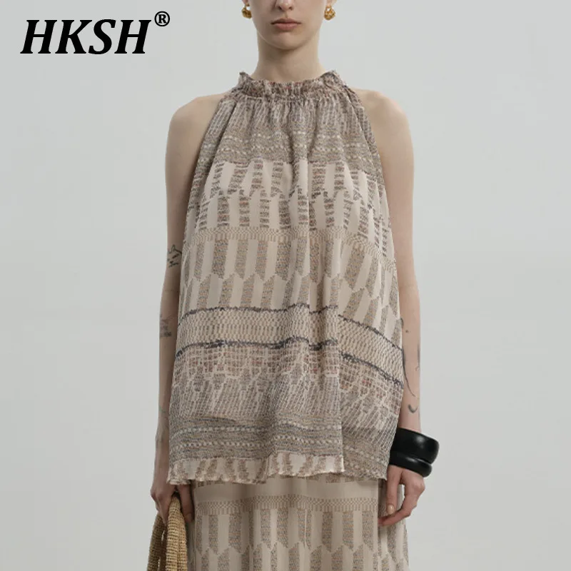 

HKSH Summer New Women Tide Chic Vacation Style Fashion Sleeveless Halter Neck Printed Tees Trendy Elegant Casual Tank Top HK5931