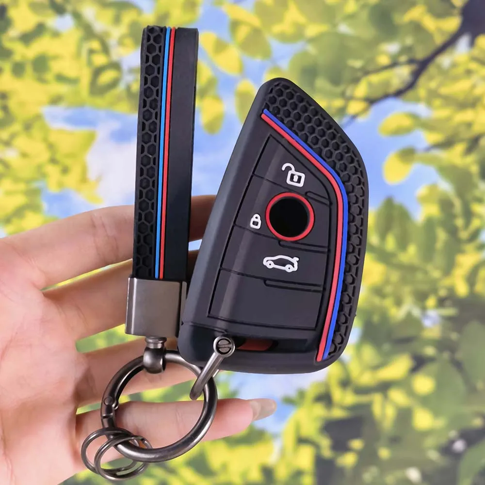 Grippy Mesh Silicone Key Sleeve With Keychain For BMW 3 5 7 Series X1 X3 X4 X5 X6 F15 F16 G20 G30 G05 3 Button Smart Key Fob