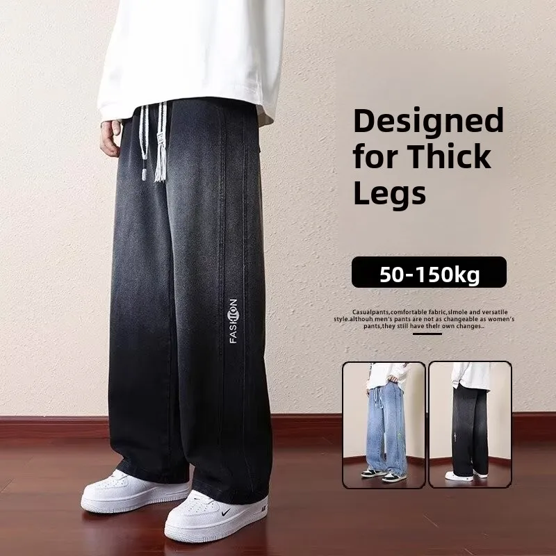 

Extra Large Size Men's Straight Leg Jeans Casual Long Pants Rope Buckle Elastic Loose Fit Durable Wear Resistant Straight Foo...
