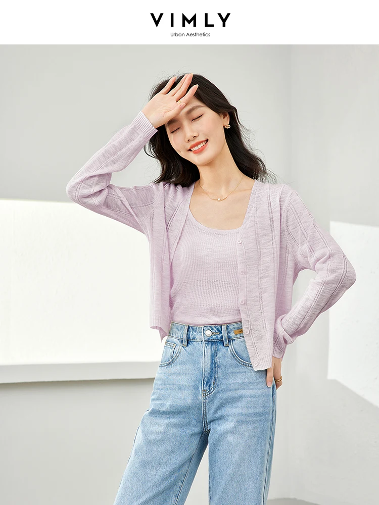 VIMLY Solid Hollow Out Loose Knitted Suit Women 2024 Summer Casual Long Sleeve Cardigan Top + Cami Tank Vest 2 Piece Set 72797