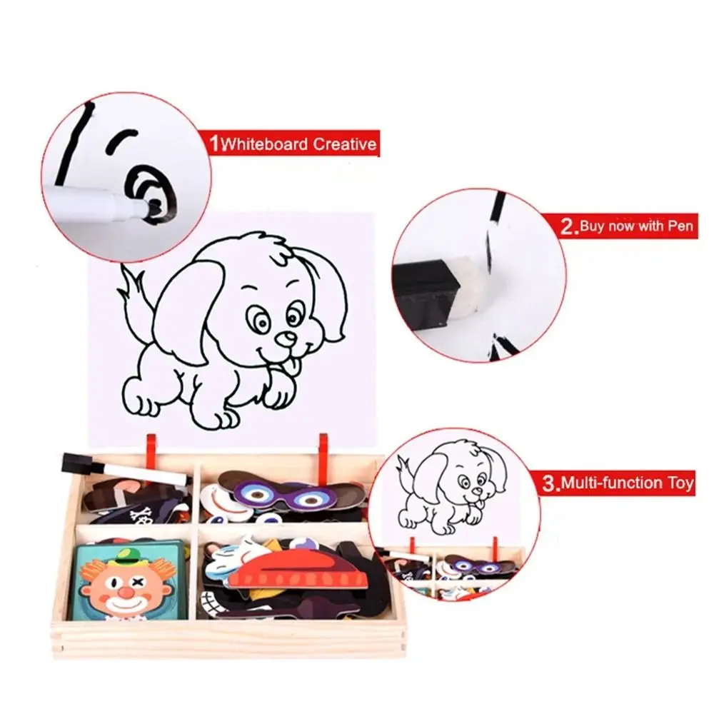 Wood Magnetic 3D Puzzles with Lid Reusable Magnetic Stickers Toys 2 Holders Educational Drawing Whiteboard Children Gift