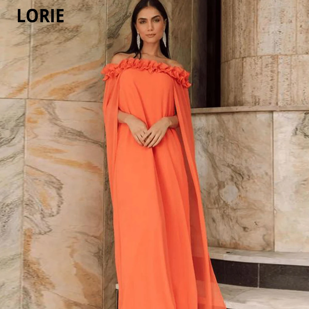 Lorie-Laranja Strapless Ruffles Vestido de Noite Chiffon, Vestido de Baile Árabe, Cabo A-line, Dubai Wedding Party Dress