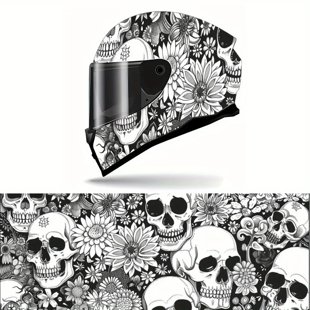 Adesivo Decorativo de Vinil PVC para Capacete de Moto, Estampa Caveira e Girassol Preto e Branco, Autoadesivo, Impermeável e Anti-Risco