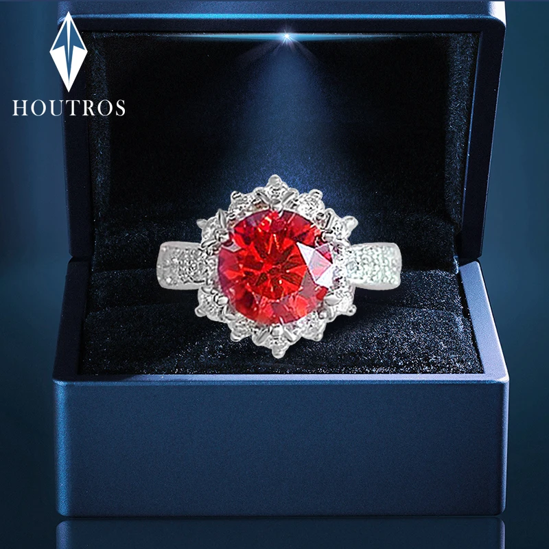 Houtros 2ct D Color Moissanite Ring for Women 925 Sterling Silver Pigeon Blood Red Diamond Ring Party Fine Jewelry Test Passed