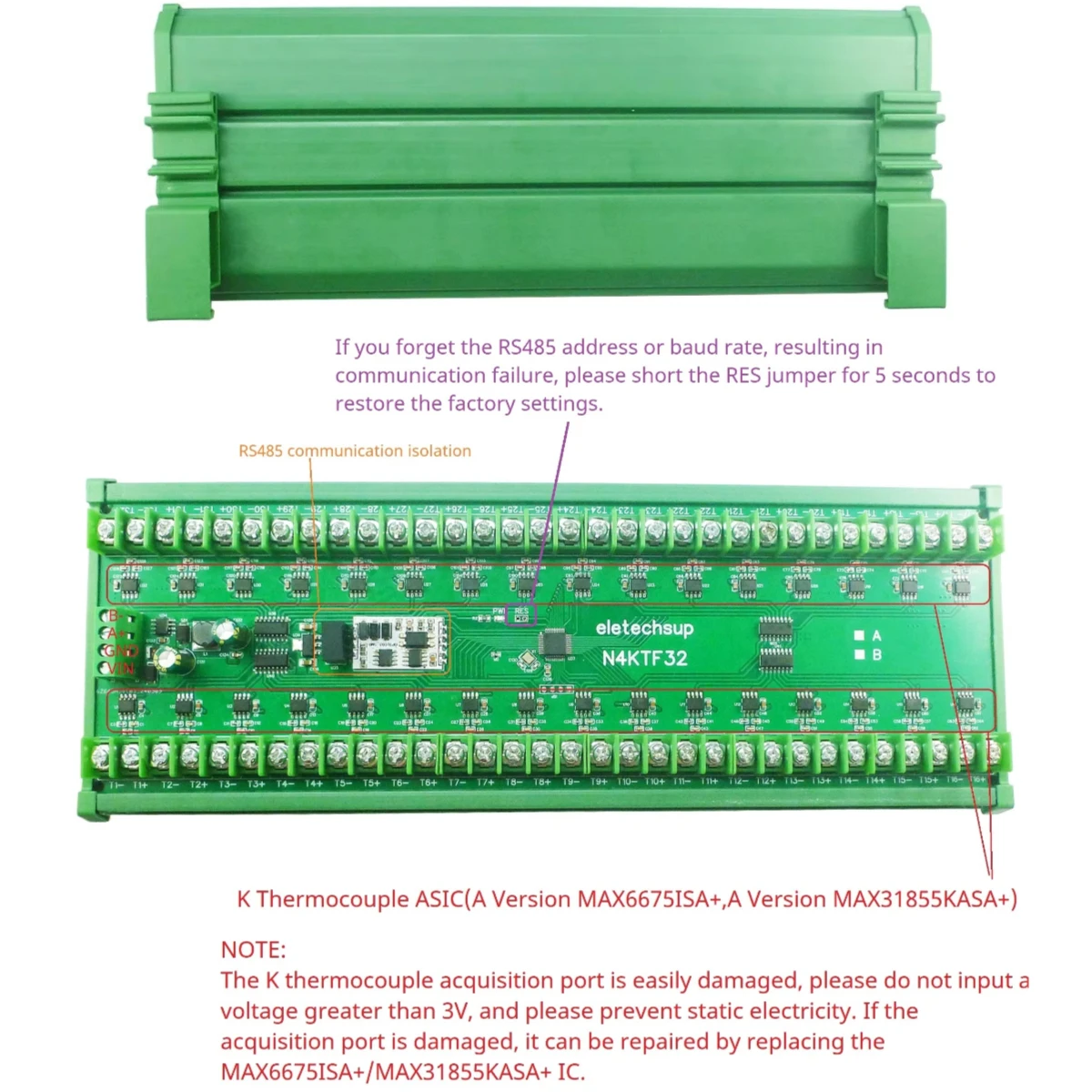 RS485 Analog Remote IO Board Thermocouple-to-Digital Converter 32CH K Thermocouple -200-1350C Ultra-wide Temperature Collector