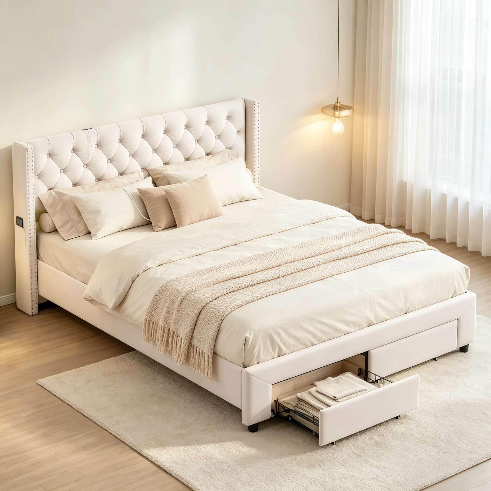 Rosahqnda Doppelbett, Nietenbett, Schubladenbett, 160/180x200 cm, mit LED-Beleuchtung & Aufbewahrungstasche & 2 Schubladen, Lattenrost, Samt, Beige, ohne Matratze.