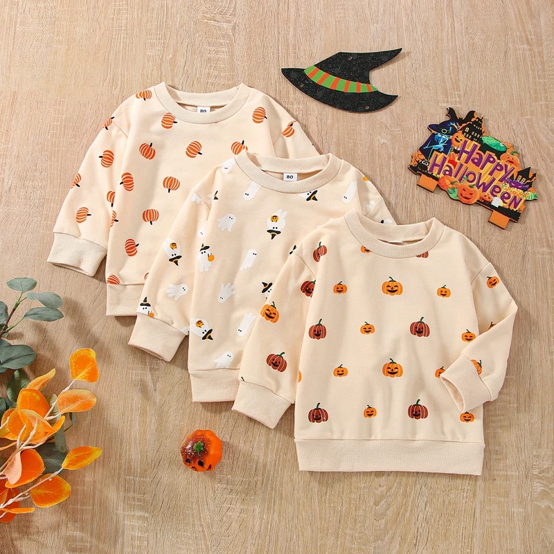 Newest Arrival Infant Baby Halloween Pullover Long Sleeve Round Neck Pumpkin Ghost Print Sweatshirt Children's Clothing