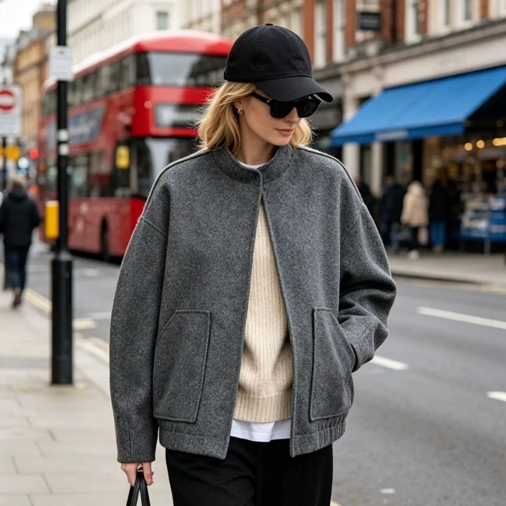 Grey Women Wool Bomber Jacket Loose Fit Thick Fabric Wool Casual Outerwear Patch Pocket Stand Collar Women Wool Flight Coat