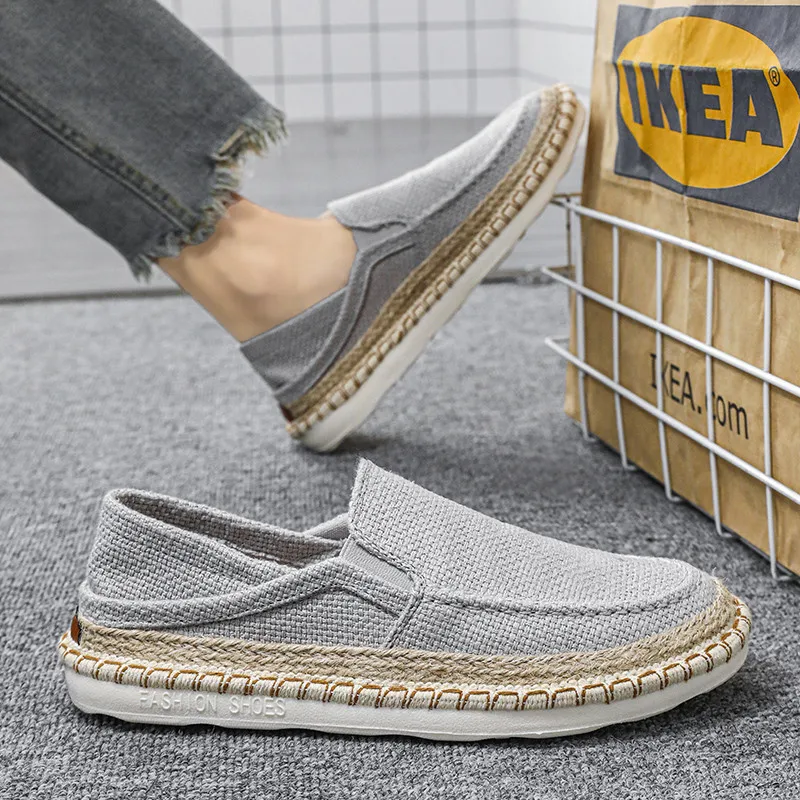 Fashion Gray Men's Casual Shoes Breathable Barefoot Slip-on Summer Loafers Man Straw Weaving Flat Men Half Shoes zapatos hombre