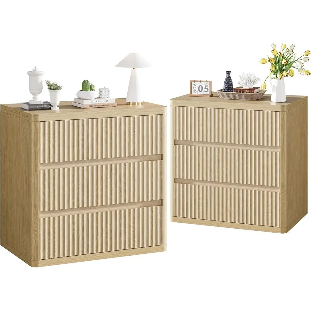 

Комплект из 2 прикроватных тумбочек из натурального дуба с 3 ящиками, прикроватный столик для хранения вещей, современный дизайн с изогнутыми ручками, ширина 25 дюймов