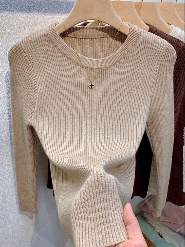 Spring Autumn Women Long Sleeve Knitshirts Women Slim Round Neck Bottoming Tops All-matched Female Pullover Knitted Sweater