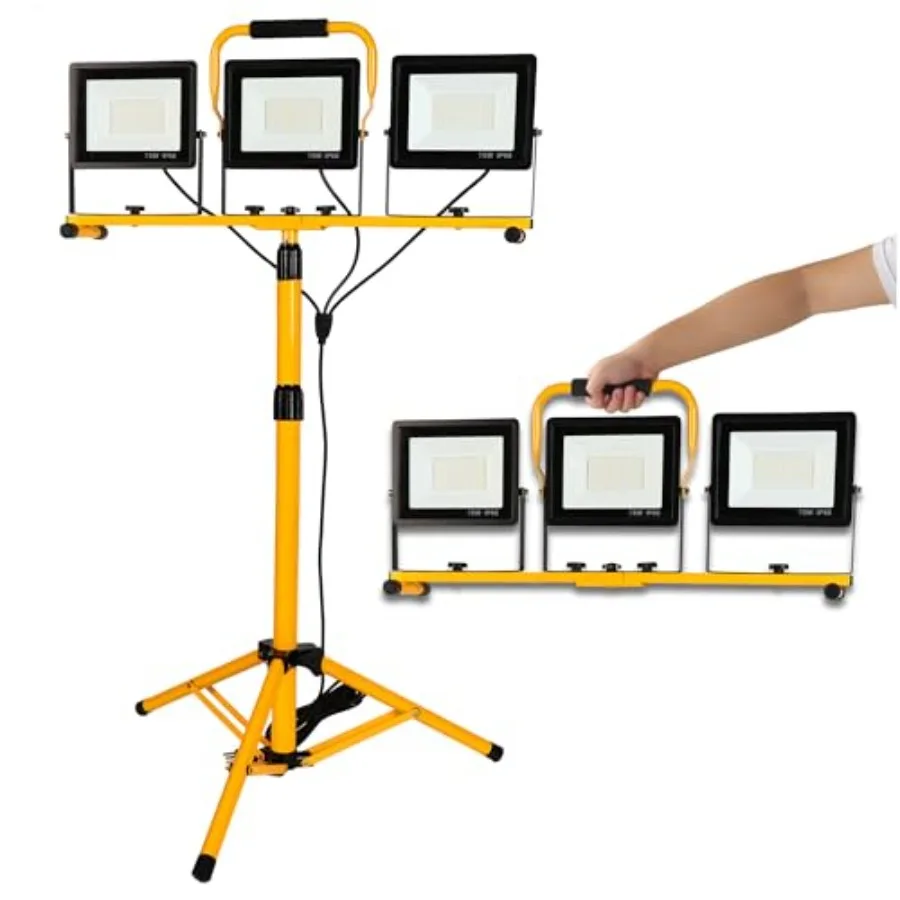 225W 22500 Lumen Work Lights with Stand Three Head LED Work Light with Individual Switch 16Feet Power Cord IP66 Waterproof Adju