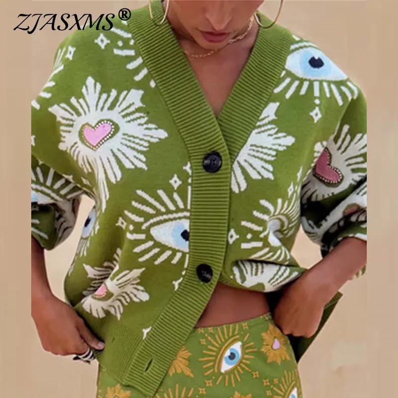 

Vintage Geometric Print Sweater Cardigan Woman Elegant Single Breasted V Neck Jacket Autumn Long Sleeve Loose Knitwear Top Mujer