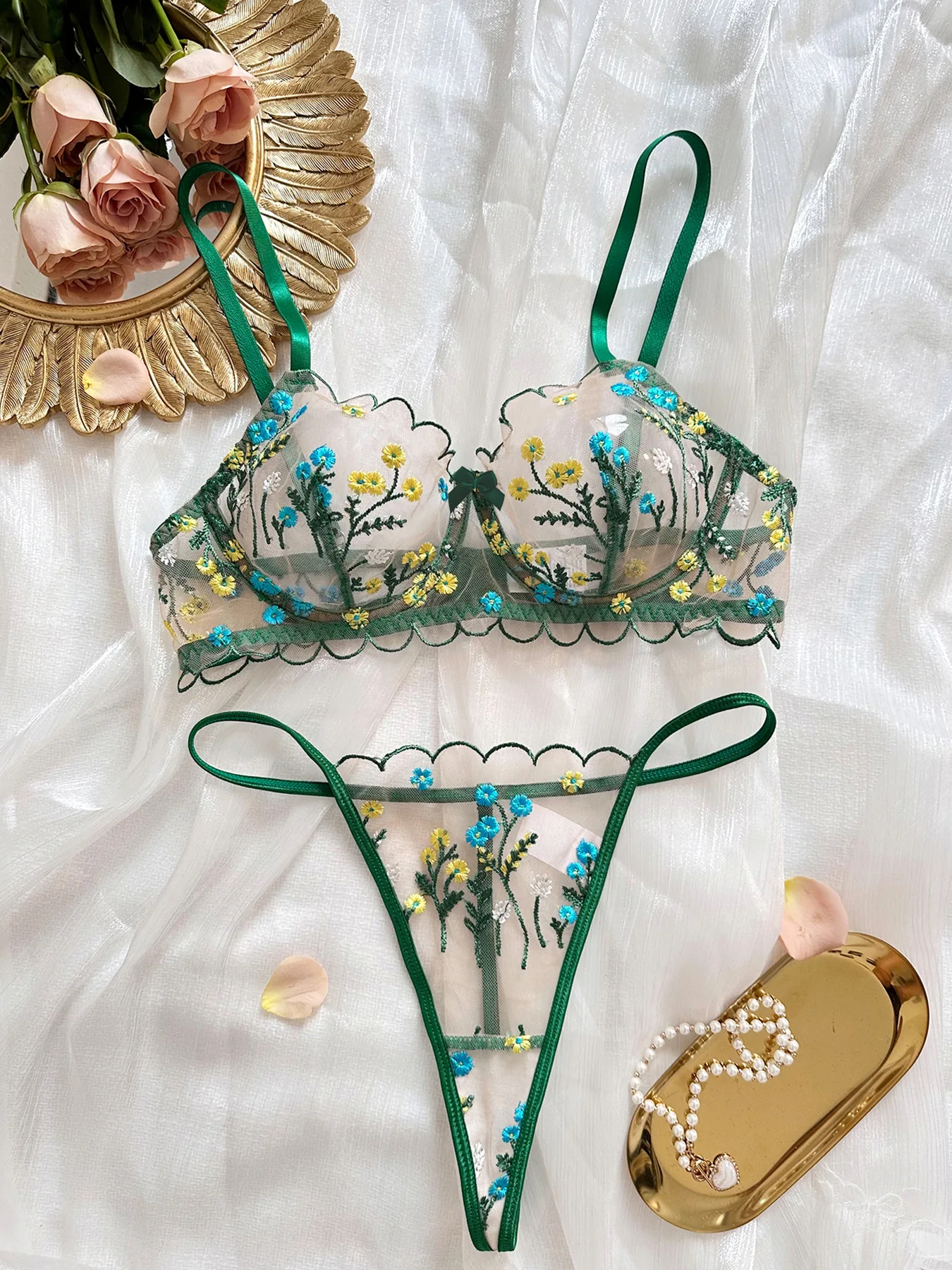 Yimunancy 2-Piece Floral Lingerie Set Women Embroidery Boho Bra + Thong Underwear Set Intimates