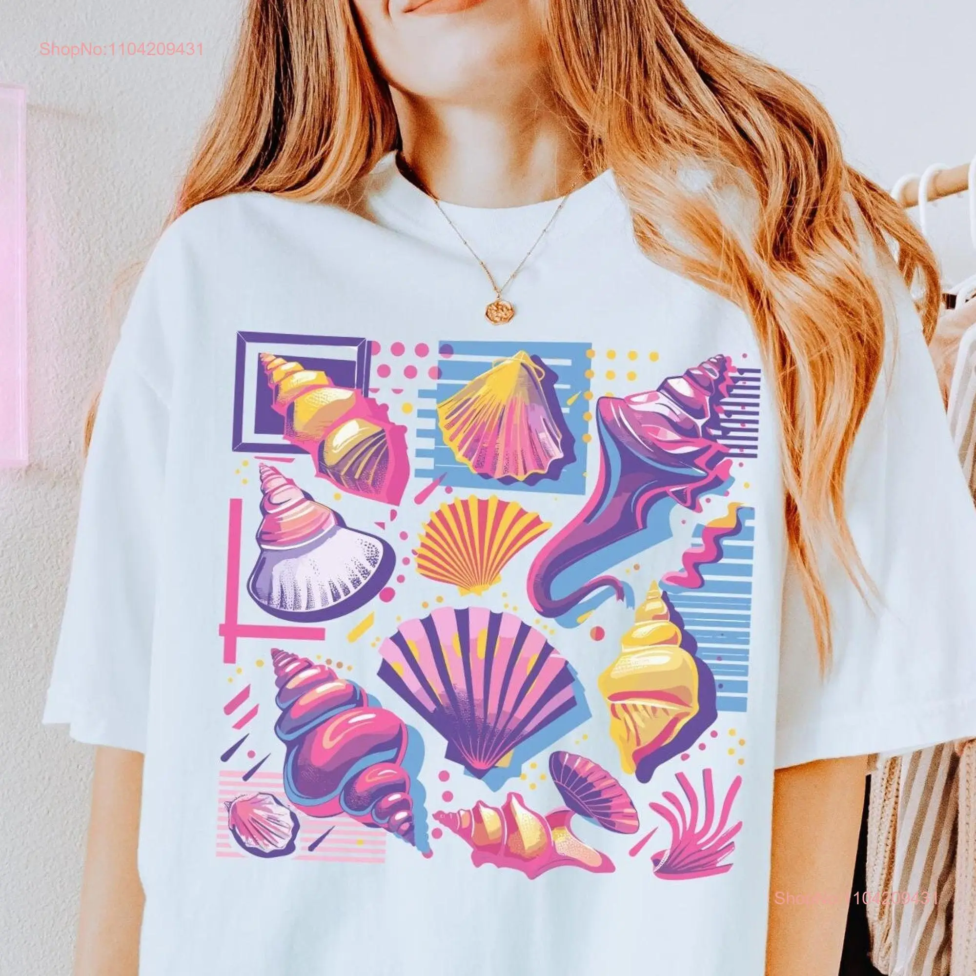 Colorful Retro Seashell Print T Shirt Trendy Tropical Ocean Inspired Style Oversized Premium Beach for Summer Vacation Travel