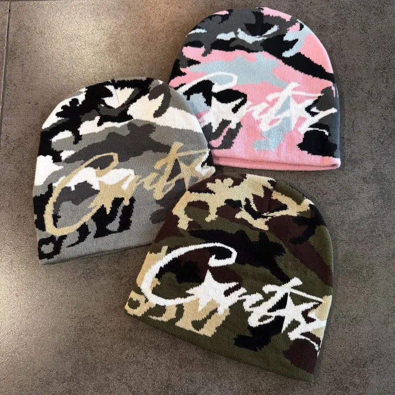 1pc Camouflage Jacquard Knit Beanie Unisex Graffiti Letter Star Pattern Skull Cap Hip‑Hop Street Style Warm Winter Knitted Hat