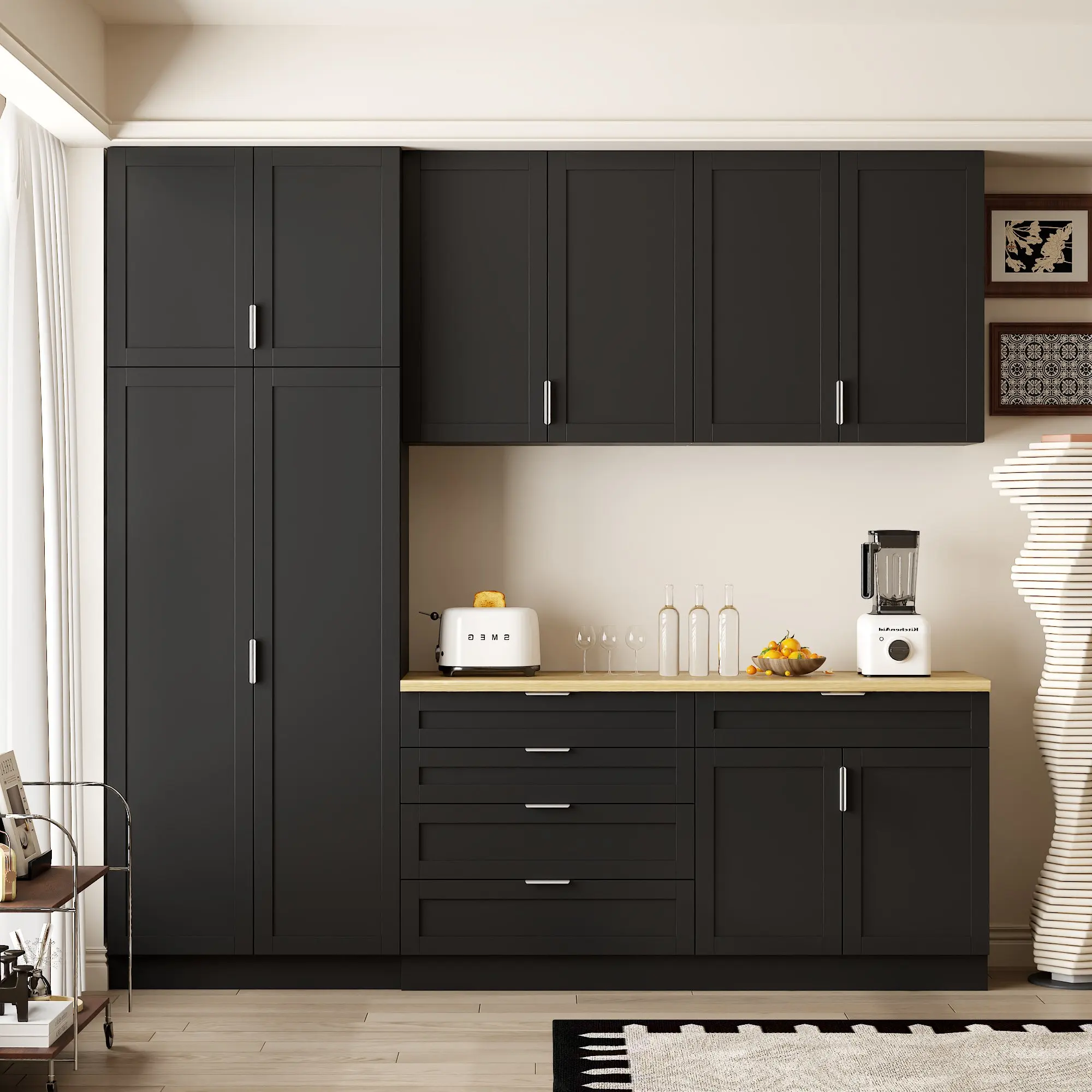 FUFU&GAGA Kitchen Pantry Cupboard with Drawers & Doors, Combination Dining Room Hutch with Spacious Top, Black