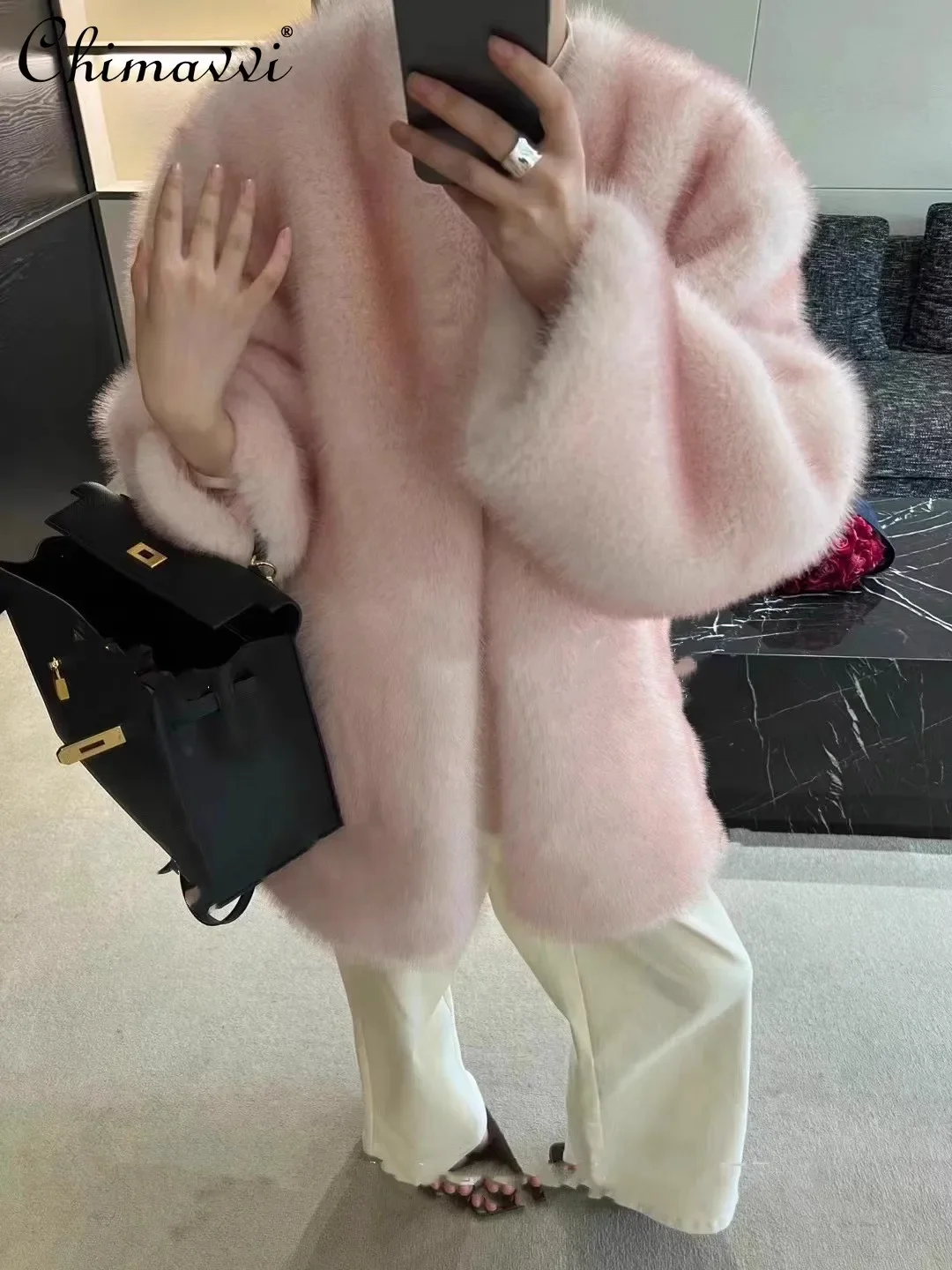 

2023 Winter Clothes Fashion Imitation Fox Fur Color Wool Coat High-End Elegant Long Sleeve Warm Thickened Fleece Faux Fur Jacket