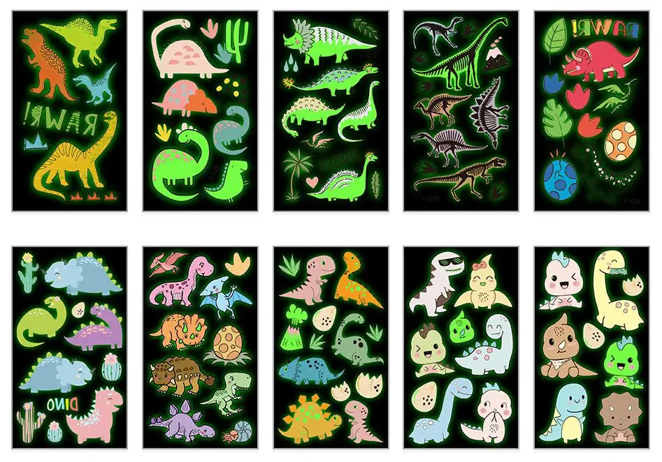 

10pcs Cartoon Dinosaur Luminous Tattoo Sticker Kawaii Creative Temporary Funny Cute Animal Flower Wrist Foot Tattoo Stickers