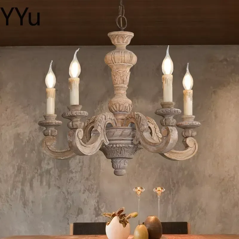 for Wooden Retro Chandelier European Vintage Ceiling Lamp Farmhouse Living Room Bedroom Carved Candle Pendant Light Fixture