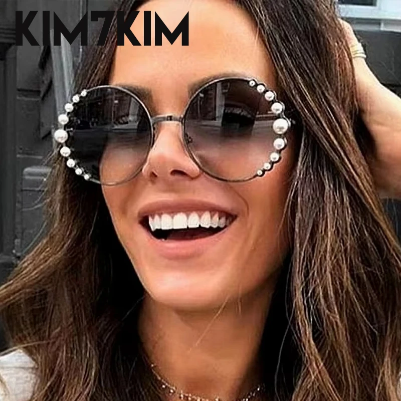 Oversized Round Pearl Sunglasses Women 2024 Luxury Brand Design Gradient Lens Eyewear Shades Trendy Party Sun Glasses For Ladies