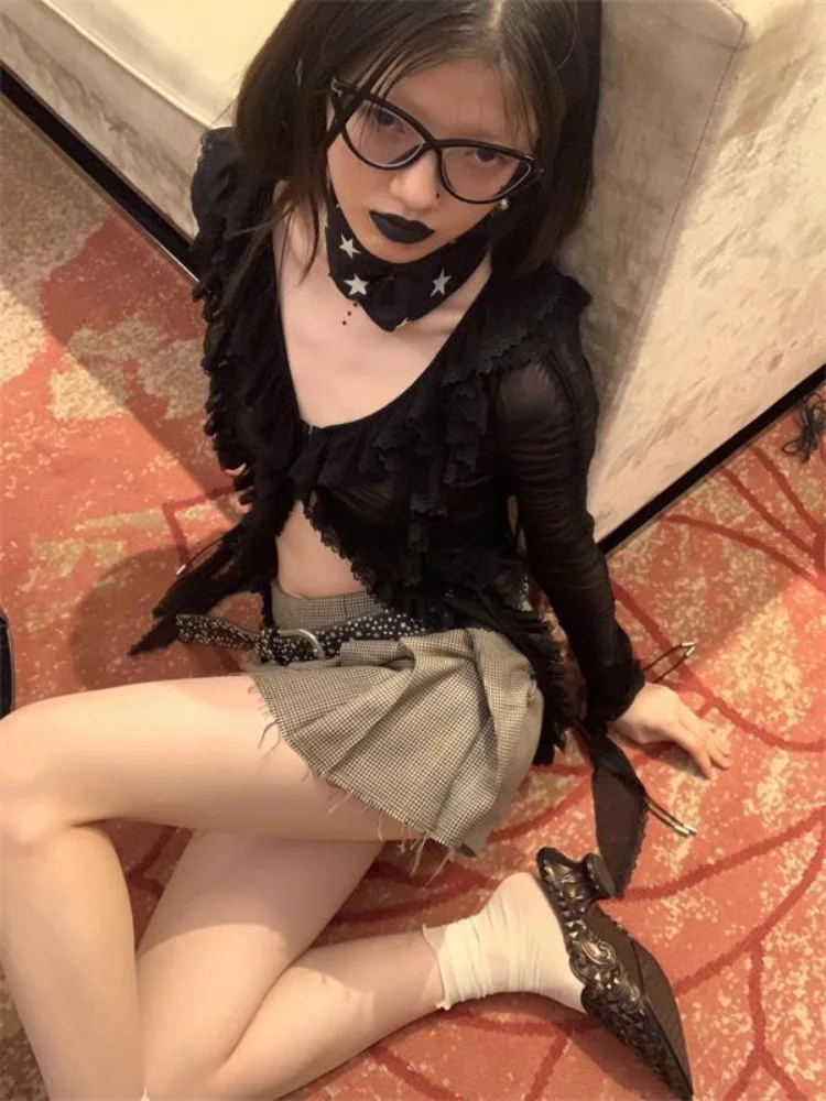 Ruffles Hotsweet Camicie Donna Estate Manica lunga Ritagliata Per il tempo libero Protezione solare Scollo a V Clubwear sexy Stile europeo Hip Hop Estetica