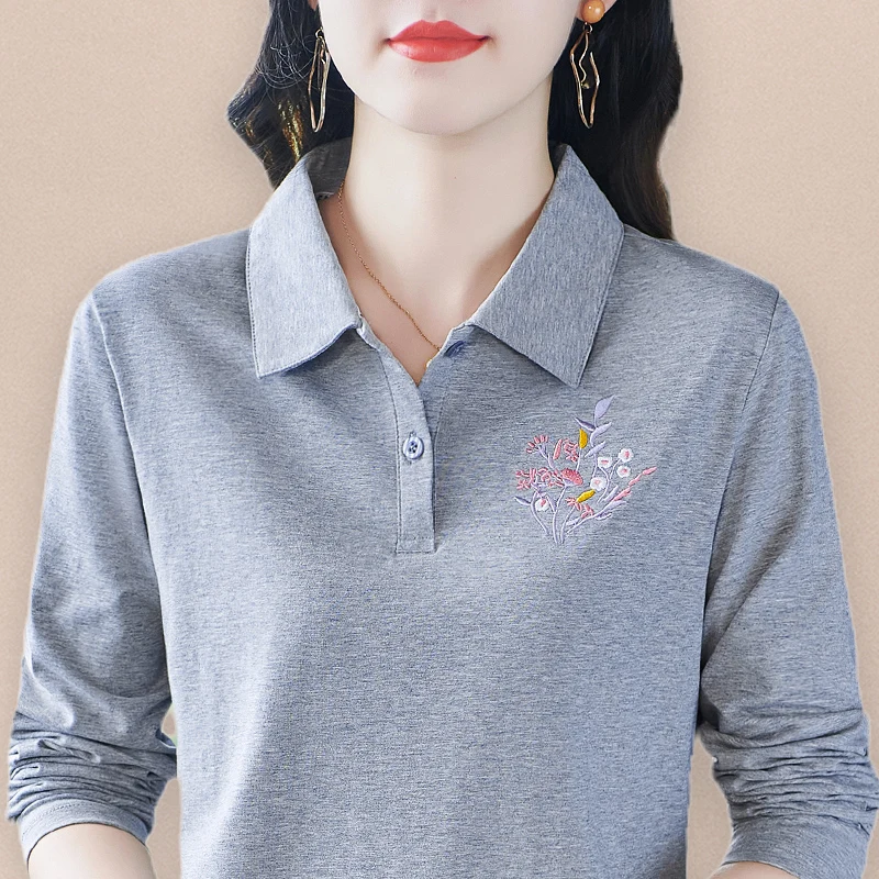 

Женская хлопковая рубашка с длинным рукавом, весна-осень, свободный крой, базовый топ с пуговицами и вышивкой, классический стиль для повседневной носки