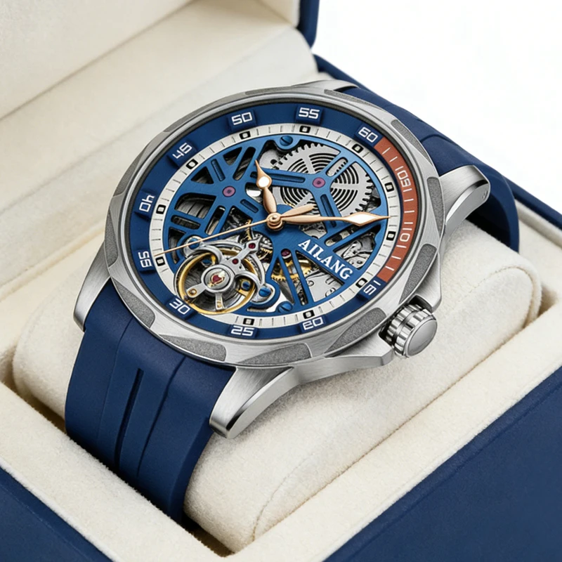 2026 AILANG Mode Tourbillon Herrenuhr Stahlgehäuse Leuchtend Wasserdicht Automatische Mechanische Uhren Blaues Gummiarmband