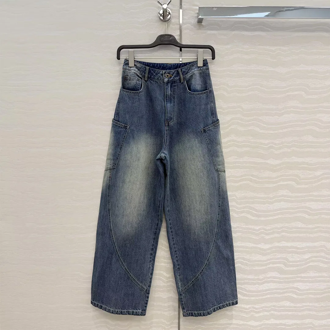 

Новые модные джинсы-мачете 2026 года, синие, с эффектом потертости, женские, с высокой талией, в стиле пэчворк, свободные, уличные, джинсовые брюки