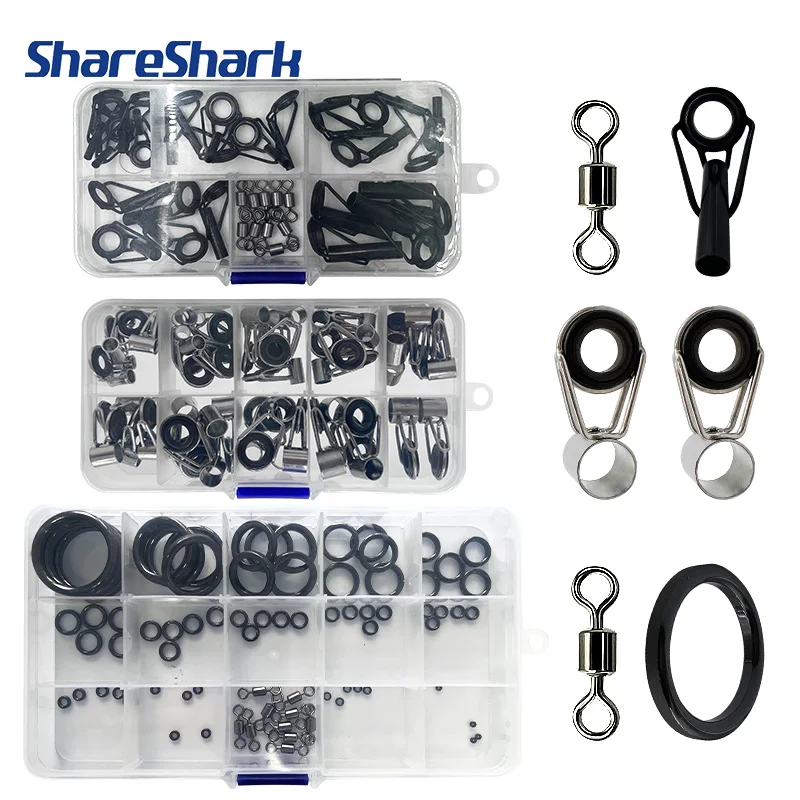 ShareShark 35/45/80Pcs Black Top Tip Guide for Spinning Casting Fishing Rod Building Repair Eye Line Ring Stainless Steel Frame