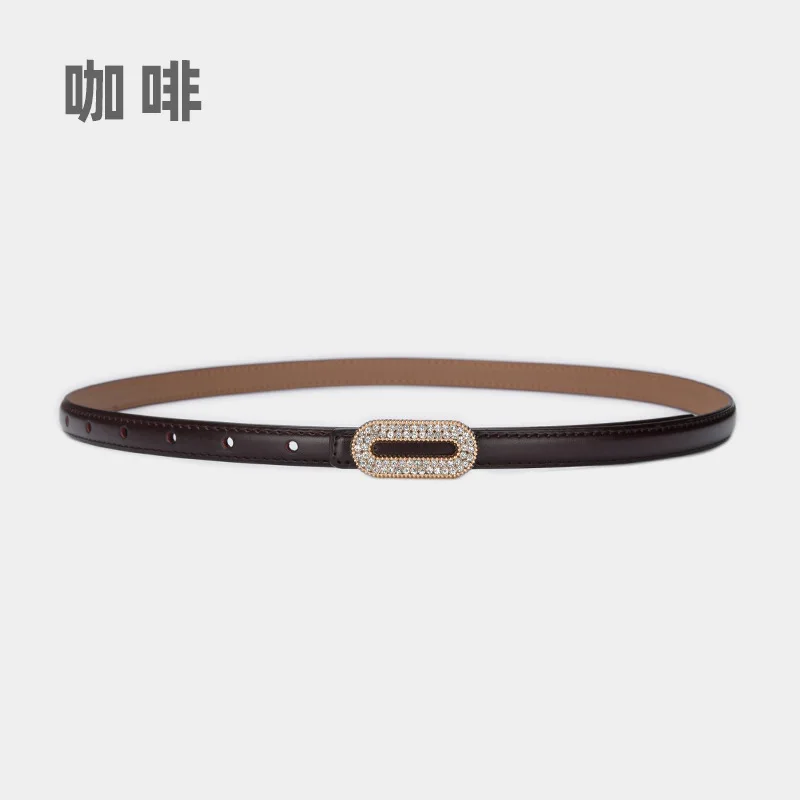 Fashion Women's Leather Belt Sparkling Rhinestone Oval Buckle Thin Waistband for Party Dress Daily Outfits