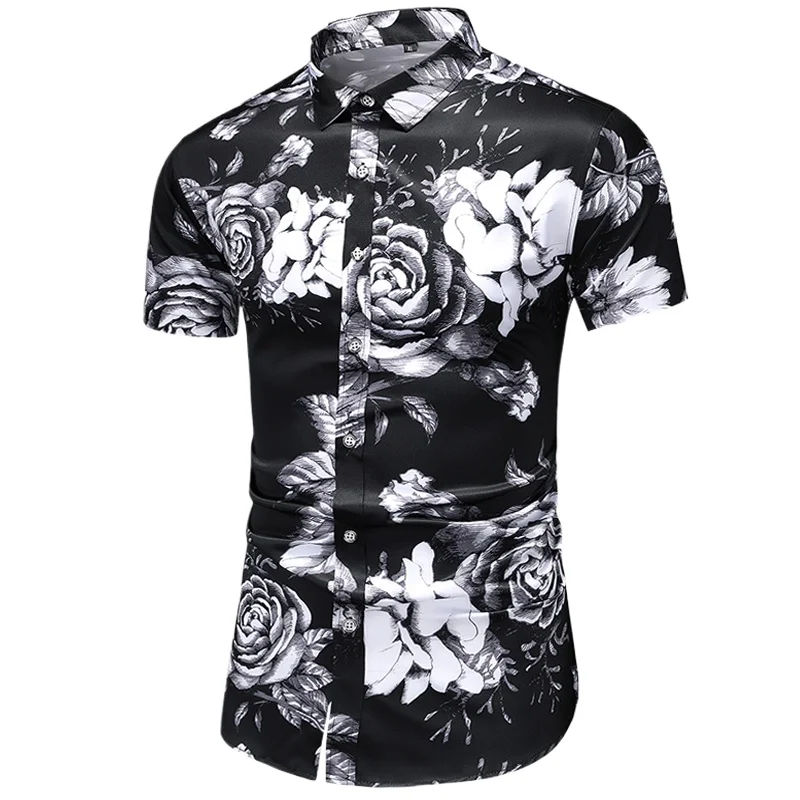 

Elegant Vintage Black Rose Print Shirts For Men Summer Brand Beach Holiday Vacation Clothing Hawaiian Blouse Top Mens Streetwear