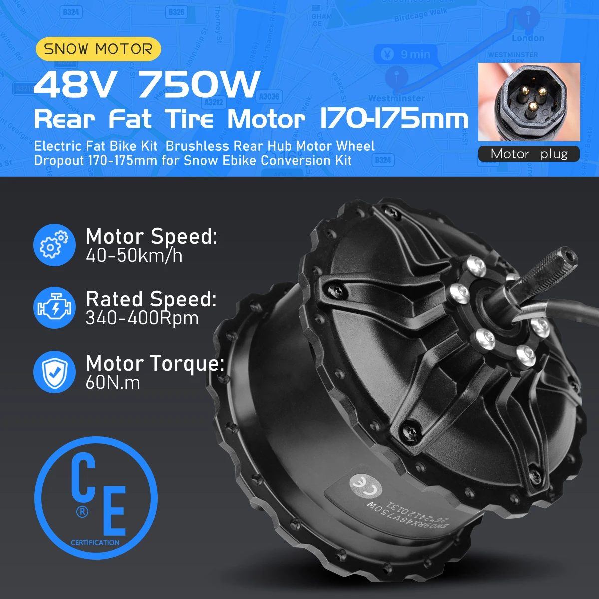 Electric Fat Bike Motor EW-09RX 48V 750W 4.0Tyre for Snow Ebike Brushless Rear Rotate Hub Motor Wheel Dropout 170-175mm 20/24/26