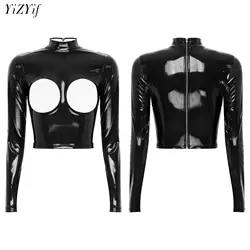 Women's Wet Look Open Chest Crop Tops Shirts Sexy Latex Leather Bodycon Shirts Underwear Party Clubwear Hot Open Cups T-shirts