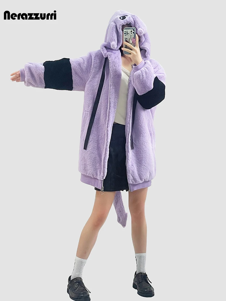 Nerazzurri Winter Purple and Black Patchwork Faux Fur Coat Women  with Bunny Ears Thick Warm Soft Sweet Cute Fluffy Jacket 2023