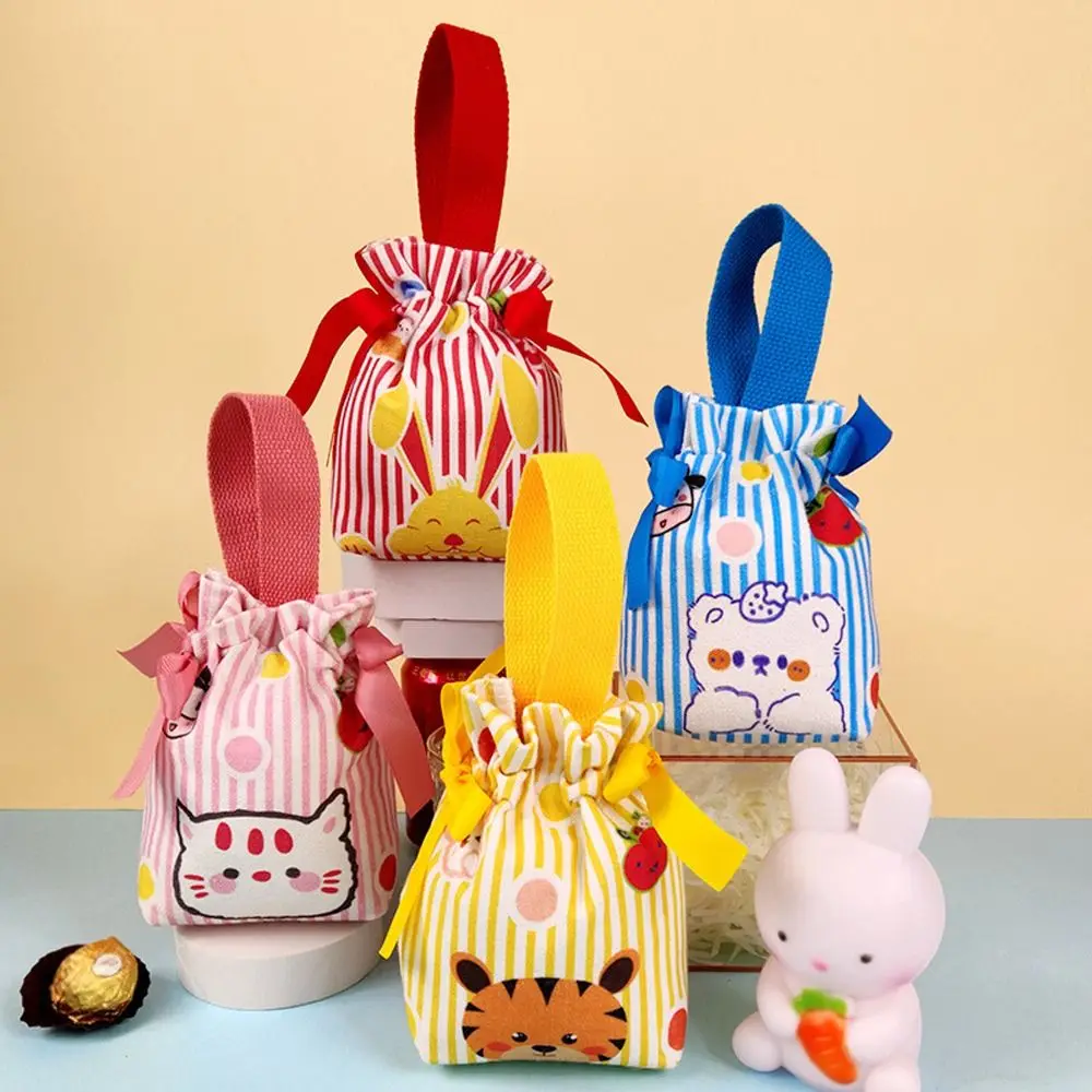 Sweet Rabbit Canvas Bow Drawstring Bag Cat Bear Cartoon Animal Bucket Bag Stripe Storage Bag Bowknot Handbag Wedding